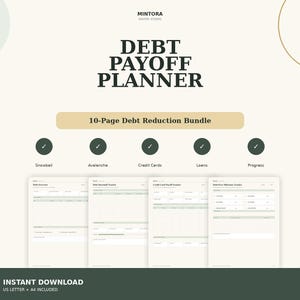 Puede incluir: Un paquete digital de planificador de pago de deudas de 10 p&aacute;ginas con el texto DEBT PAYOFF PLANNER y 10-Page Debt Reduction Bundle. El dise&ntilde;o incluye cinco iconos circulares con marcas de verificaci&oacute;n sobre etiquetas para Snowball, Avalanche, Credit Cards, Loans y Progress, con cuatro plantillas de documentos mostradas debajo en tonos verde claro y crema.