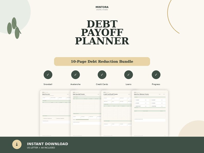 Puede incluir: Un paquete digital de planificador de pago de deudas de 10 p&aacute;ginas con el texto DEBT PAYOFF PLANNER y 10-Page Debt Reduction Bundle. El dise&ntilde;o incluye cinco iconos circulares con marcas de verificaci&oacute;n sobre etiquetas para Snowball, Avalanche, Credit Cards, Loans y Progress, con cuatro plantillas de documentos mostradas debajo en tonos verde claro y crema.