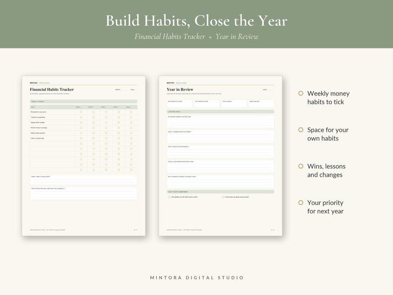 May include: A digital planner set titled Build Habits, Close the Year, featuring a Financial Habits Tracker and a Year in Review page. The layout includes columns for weekly money habits, space for personal habits, and sections for wins, lessons, and priorities.
