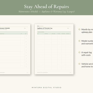 May include: A five-page home maintenance schedule and appliance warranty log template. The document features a Home Maintenance Schedule and an Appliance & Warranty Log with columns for tracking tasks, model numbers, warranties, and repair costs.