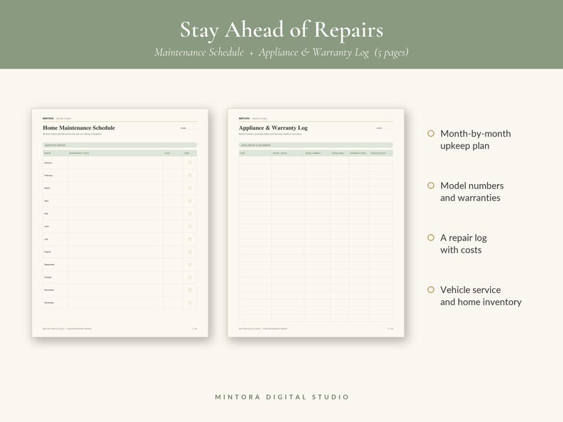 May include: A five-page home maintenance schedule and appliance warranty log template. The document features a Home Maintenance Schedule and an Appliance & Warranty Log with columns for tracking tasks, model numbers, warranties, and repair costs.