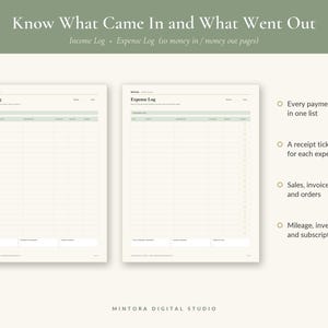 May include: Two printable log sheets titled Income Log and Expense Log with columns for date, description, category, and amount. The pages feature a light green header and a cream background. Text includes Know What Came In and What Went Out.