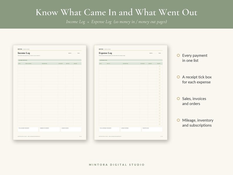 May include: Two printable log sheets titled Income Log and Expense Log with columns for date, description, category, and amount. The pages feature a light green header and a cream background. Text includes Know What Came In and What Went Out.