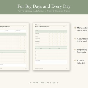 May include: Two printable planner pages with sage green accents. The left page is titled Party & Holiday Meal Planner, and the right page is titled Water & Nutrition Tracker. Text includes For Big Days and Every Day and Mintora Digital Studio.