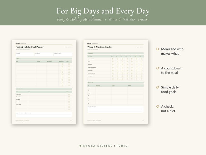 May include: Two printable planner pages with sage green accents. The left page is titled Party & Holiday Meal Planner, and the right page is titled Water & Nutrition Tracker. Text includes For Big Days and Every Day and Mintora Digital Studio.