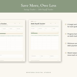 Puede incluir: Dos hojas de planificaci&oacute;n financiera imprimibles tituladas Savings Tracker y Debt Payoff Tracker. Las p&aacute;ginas incluyen secciones para objetivos, fechas, barras de progreso y tablas para realizar un seguimiento de saldos, pagos y totales.