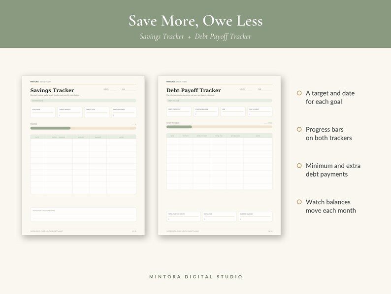 Puede incluir: Dos hojas de planificaci&oacute;n financiera imprimibles tituladas Savings Tracker y Debt Payoff Tracker. Las p&aacute;ginas incluyen secciones para objetivos, fechas, barras de progreso y tablas para realizar un seguimiento de saldos, pagos y totales.