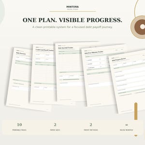 Puede incluir: Un conjunto de documentos imprimibles para el seguimiento de deudas con el texto ONE PLAN. VISIBLE PROGRESS. y A clean printable system for a focused debt payoff journey. Las p&aacute;ginas incluyen Debt Overview, Credit Card Payoff Tracker, Debt Snowball Tracker, Debt-Free Milestone Tracker y Debt Progress Review.