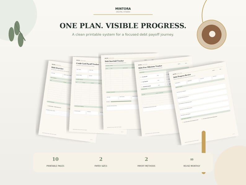 Puede incluir: Un conjunto de documentos imprimibles para el seguimiento de deudas con el texto ONE PLAN. VISIBLE PROGRESS. y A clean printable system for a focused debt payoff journey. Las p&aacute;ginas incluyen Debt Overview, Credit Card Payoff Tracker, Debt Snowball Tracker, Debt-Free Milestone Tracker y Debt Progress Review.