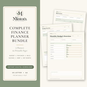 May include: A digital finance planner bundle featuring a cover page with the Mintora Digital Studio logo, text reading Complete Finance Planner Bundle, 6 Planners, 60 Printable Pages, and Budget, Paycheck, Bills, Savings, Debt, Net Worth, plus three sample pages.