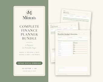 May include: A digital finance planner bundle featuring a cover page with the Mintora Digital Studio logo, text reading Complete Finance Planner Bundle, 6 Planners, 60 Printable Pages, and Budget, Paycheck, Bills, Savings, Debt, Net Worth, plus three sample pages.