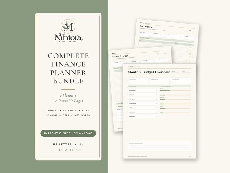 K&ouml;nnte beinhalten: Ein digitales Finanzplaner-Paket mit einer Titelseite, dem Mintora Digital Studio Logo, dem Text Complete Finance Planner Bundle, 6 Planners, 60 Printable Pages sowie Budget, Paycheck, Bills, Savings, Debt, Net Worth und drei beispielhaften Inhaltsseiten.