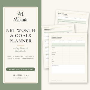 May include: A 10-page digital financial planner bundle titled Net Worth & Goals Planner by Mintora Digital Studio. The set includes printable PDF templates for tracking assets, liabilities, net worth, goals, and habits in US Letter and A4 sizes.
