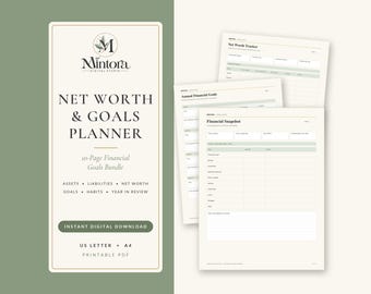 May include: A 10-page digital financial planner bundle titled Net Worth & Goals Planner by Mintora Digital Studio. The set includes printable PDF templates for tracking assets, liabilities, net worth, goals, and habits in US Letter and A4 sizes.