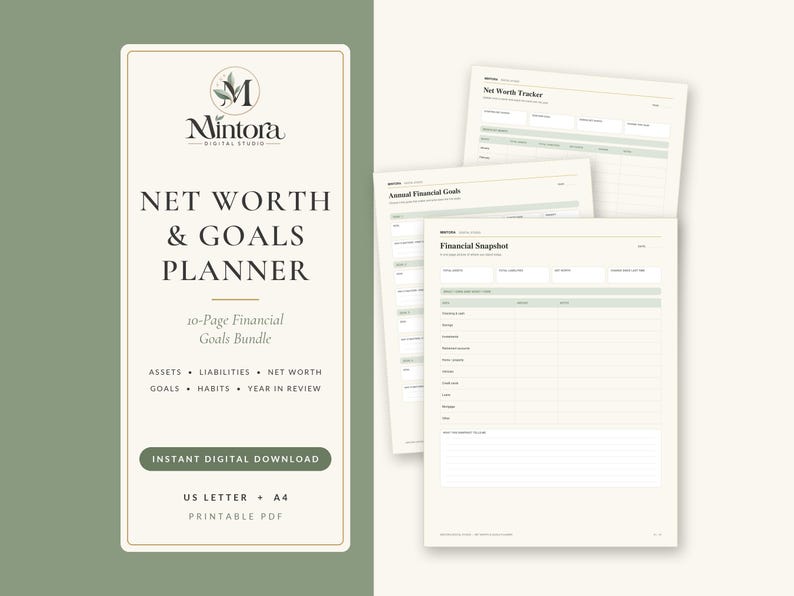 May include: A 10-page digital financial planner bundle titled Net Worth & Goals Planner by Mintora Digital Studio. The set includes printable PDF templates for tracking assets, liabilities, net worth, goals, and habits in US Letter and A4 sizes.