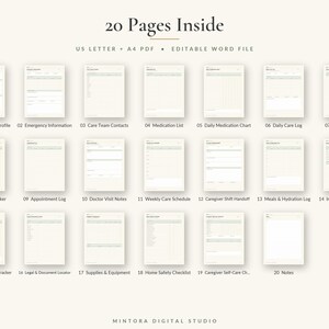 Puede incluir: Una colecci&oacute;n digital de 20 p&aacute;ginas de planificador de cuidados imprimibles en formatos PDF US Letter y A4, que incluye un archivo de Word editable. El conjunto presenta formularios para perfiles, medicamentos, s&iacute;ntomas y listas de control.