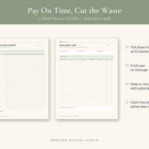 May include: A 12-month payment checklist and subscription audit digital planner page. The document features columns for tracking monthly payments and subscription details, with sage green accents and clear text headers on a cream background.