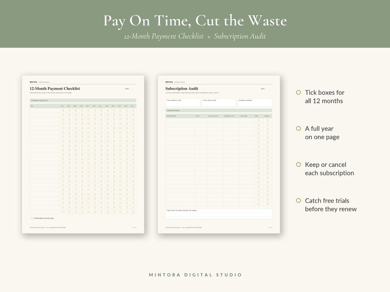 May include: A 12-month payment checklist and subscription audit digital planner page. The document features columns for tracking monthly payments and subscription details, with sage green accents and clear text headers on a cream background.