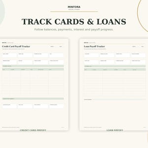 Puede incluir: Una plantilla de planificador financiero digital con dos p&aacute;ginas tituladas Credit Card Payoff Tracker y Loan Payoff Tracker. El dise&ntilde;o incluye campos para saldos, pagos, intereses y progreso de pago sobre un fondo color crema.
