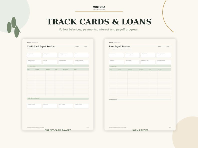 Puede incluir: Una plantilla de planificador financiero digital con dos p&aacute;ginas tituladas Credit Card Payoff Tracker y Loan Payoff Tracker. El dise&ntilde;o incluye campos para saldos, pagos, intereses y progreso de pago sobre un fondo color crema.