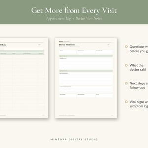 Puede incluir: Dos p&aacute;ginas de planificador imprimibles tituladas Appointment Log y Doctor Visit Notes con fondo crema y detalles en verde salvia. El texto incluye secciones para preguntas, comentarios del m&eacute;dico, pr&oacute;ximos pasos y seguimientos.
