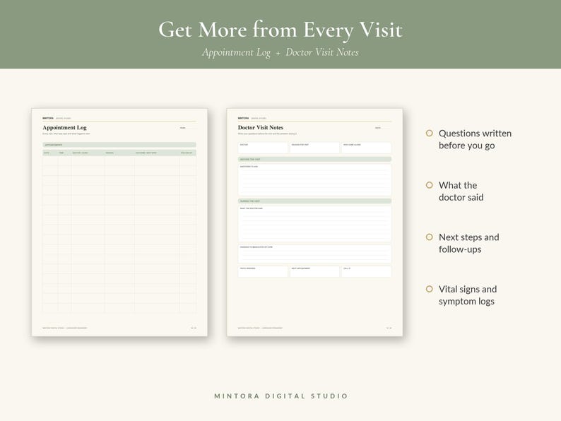 Puede incluir: Dos p&aacute;ginas de planificador imprimibles tituladas Appointment Log y Doctor Visit Notes con fondo crema y detalles en verde salvia. El texto incluye secciones para preguntas, comentarios del m&eacute;dico, pr&oacute;ximos pasos y seguimientos.