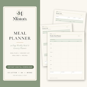 May include: A 10-page digital meal planner set featuring a weekly meal planner, grocery list, and recipe card. The documents are cream-colored with sage green accents and black text, including the Mintora Digital Studio logo and branding.