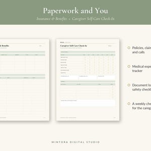 Puede incluir: Dos p&aacute;ginas de planificador imprimibles tituladas Paperwork and You, con formularios de Insurance and Benefits y Caregiver Self-Care Check-In. El dise&ntilde;o incluye tablas para el seguimiento de p&oacute;lizas, reclamaciones, gastos m&eacute;dicos y una lista.