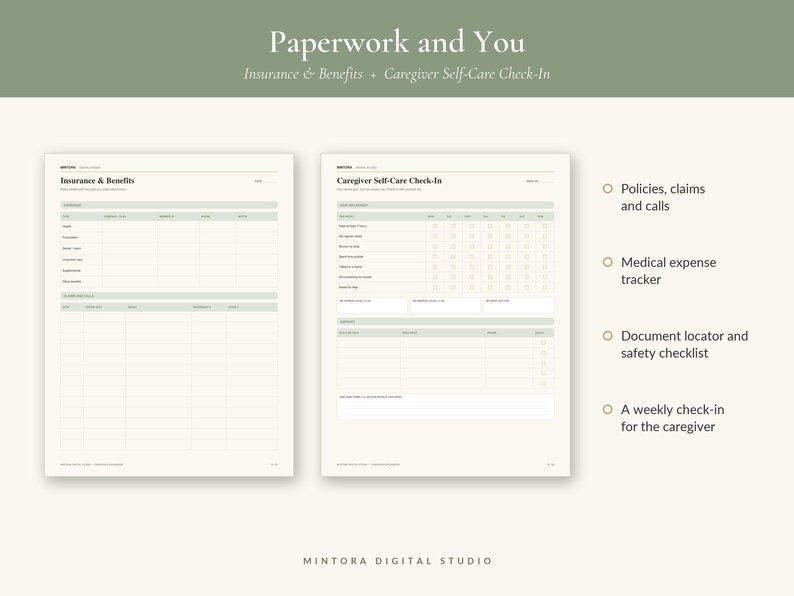 Puede incluir: Dos p&aacute;ginas de planificador imprimibles tituladas Paperwork and You, con formularios de Insurance and Benefits y Caregiver Self-Care Check-In. El dise&ntilde;o incluye tablas para el seguimiento de p&oacute;lizas, reclamaciones, gastos m&eacute;dicos y una lista.