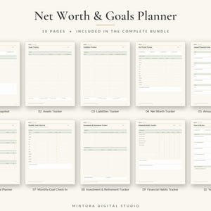 K&ouml;nnte beinhalten: Ein digitales Planer-Set mit dem Titel Net Worth & Goals Planner, bestehend aus 10 Seiten mit hellgr&uuml;nen Kopfzeilen und Rasterlayouts. Die Seiten umfassen Financial Snapshot, Assets Tracker, Liabilities Tracker, Net Worth Tracker und Annual Financial Goals.