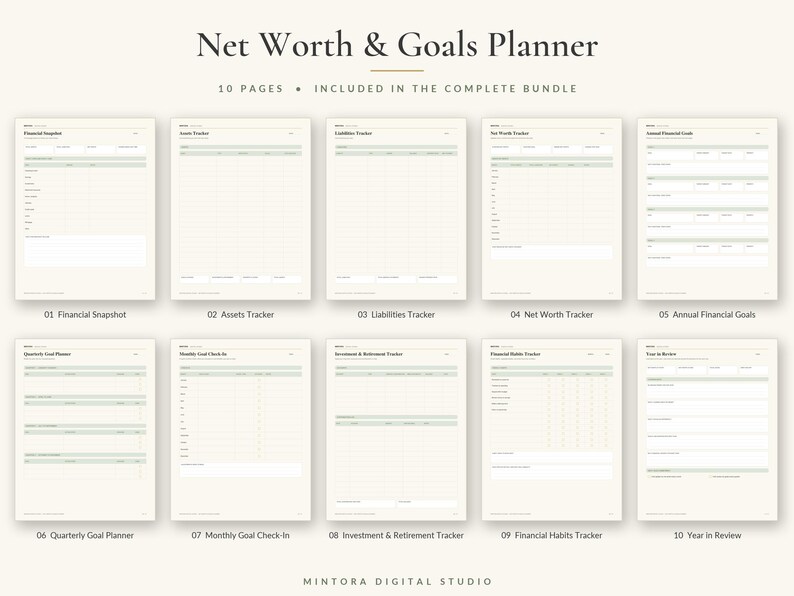 K&ouml;nnte beinhalten: Ein digitales Planer-Set mit dem Titel Net Worth & Goals Planner, bestehend aus 10 Seiten mit hellgr&uuml;nen Kopfzeilen und Rasterlayouts. Die Seiten umfassen Financial Snapshot, Assets Tracker, Liabilities Tracker, Net Worth Tracker und Annual Financial Goals.