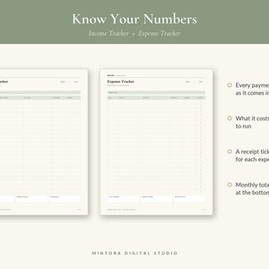May include: Two off-white financial tracking sheets titled Income Tracker and Expense Tracker with sage green headers. The text Know Your Numbers, Income Tracker + Expense Tracker, and Mintora Digital Studio is visible along with bulleted list features.