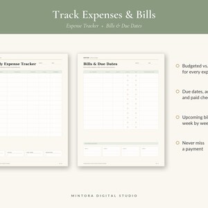 Puede incluir: Dos p&aacute;ginas de planificador digital color crema tituladas Monthly Expense Tracker y Bills & Due Dates con encabezados verde salvia. El texto incluye Track Expenses & Bills, Expense Tracker + Bills & Due Dates y Mintora Digital Studio.