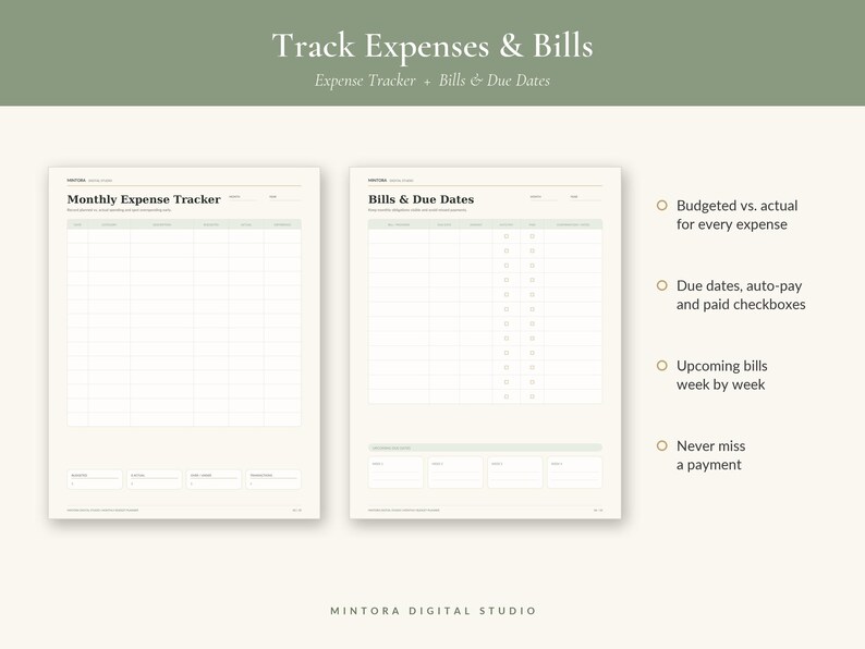Puede incluir: Dos p&aacute;ginas de planificador digital color crema tituladas Monthly Expense Tracker y Bills & Due Dates con encabezados verde salvia. El texto incluye Track Expenses & Bills, Expense Tracker + Bills & Due Dates y Mintora Digital Studio.
