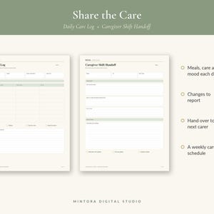 Puede incluir: Dos p&aacute;ginas de planificador imprimibles tituladas Daily Care Log y Caregiver Shift Handoff en tonos crema y verde salvia. Los formularios incluyen secciones para registrar comidas, estado de &aacute;nimo, tareas de cuidado y notas de cambio de turno.