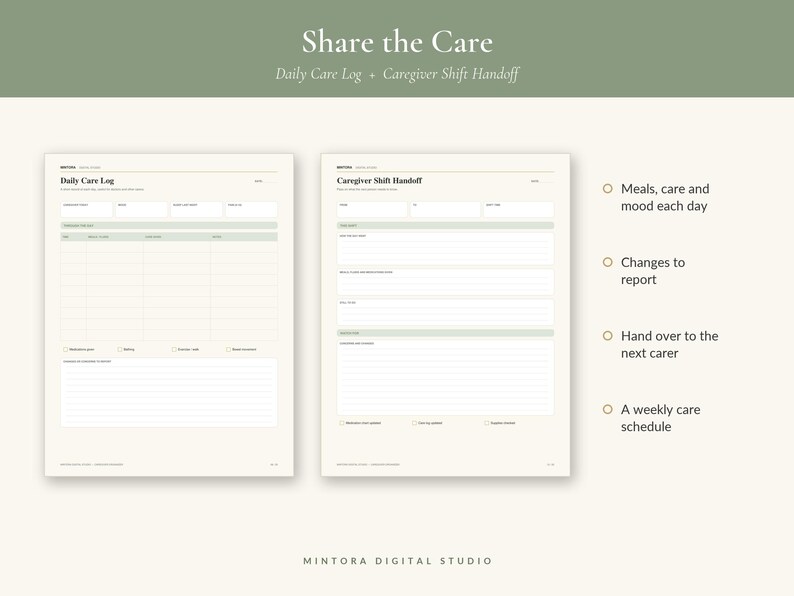 Puede incluir: Dos p&aacute;ginas de planificador imprimibles tituladas Daily Care Log y Caregiver Shift Handoff en tonos crema y verde salvia. Los formularios incluyen secciones para registrar comidas, estado de &aacute;nimo, tareas de cuidado y notas de cambio de turno.