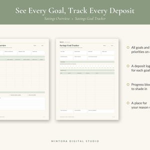 May include: Two printable planner pages titled Savings Overview and Savings Goal Tracker. The pages feature tables for tracking financial goals, deposits, and progress. Text includes See Every Goal, Track Every Deposit, and Mintora Digital Studio.