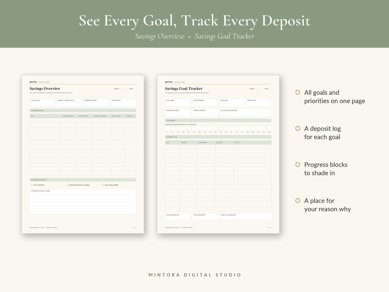 May include: Two printable planner pages titled Savings Overview and Savings Goal Tracker. The pages feature tables for tracking financial goals, deposits, and progress. Text includes See Every Goal, Track Every Deposit, and Mintora Digital Studio.