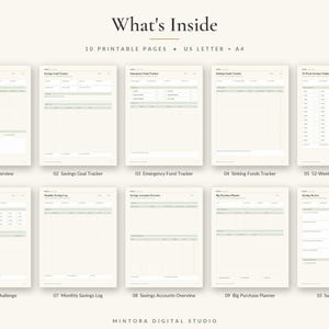 May include: A set of 10 printable financial tracking pages featuring a neutral color palette with sage green accents. The pages include titles such as Savings Overview, Savings Goal Tracker, Emergency Fund Tracker, Sinking Funds Tracker, 52-Week Savings Challenge, No-Spend Challenge, Monthly Savings Log, Savings Accounts Overview, Big Purchase Planner, and Savings Review.