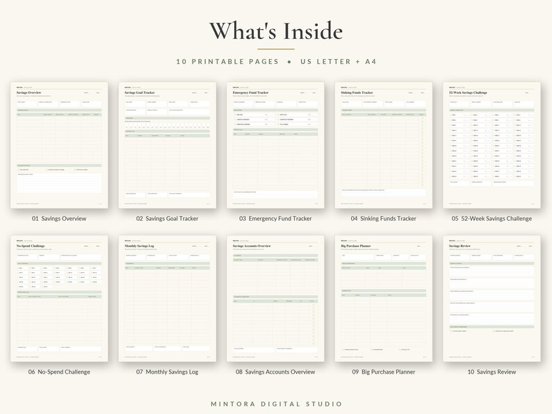 May include: A set of 10 printable financial tracking pages featuring a neutral color palette with sage green accents. The pages include titles such as Savings Overview, Savings Goal Tracker, Emergency Fund Tracker, Sinking Funds Tracker, 52-Week Savings Challenge, No-Spend Challenge, Monthly Savings Log, Savings Accounts Overview, Big Purchase Planner, and Savings Review.