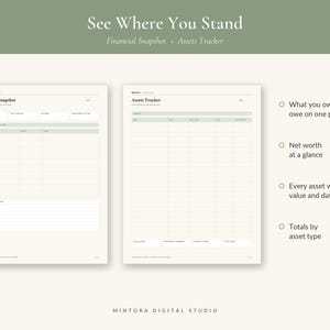 May include: Two digital financial planning pages titled Financial Snapshot and Assets Tracker. The pages feature tables for tracking assets, liabilities, and net worth. Text includes See Where You Stand, Financial Snapshot + Assets Tracker, and Mintora Digital Studio.