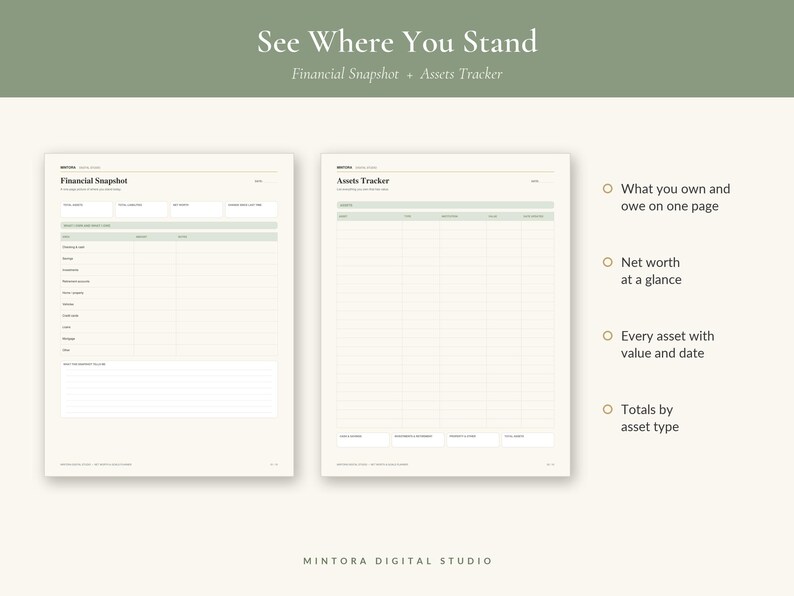 May include: Two digital financial planning pages titled Financial Snapshot and Assets Tracker. The pages feature tables for tracking assets, liabilities, and net worth. Text includes See Where You Stand, Financial Snapshot + Assets Tracker, and Mintora Digital Studio.