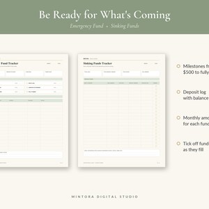 May include: Two financial planning sheets titled Emergency Fund Tracker and Sinking Funds Tracker. The pages feature tables for tracking savings goals, milestones from $500 to fully funded, deposit logs with balances, and monthly fund amounts.