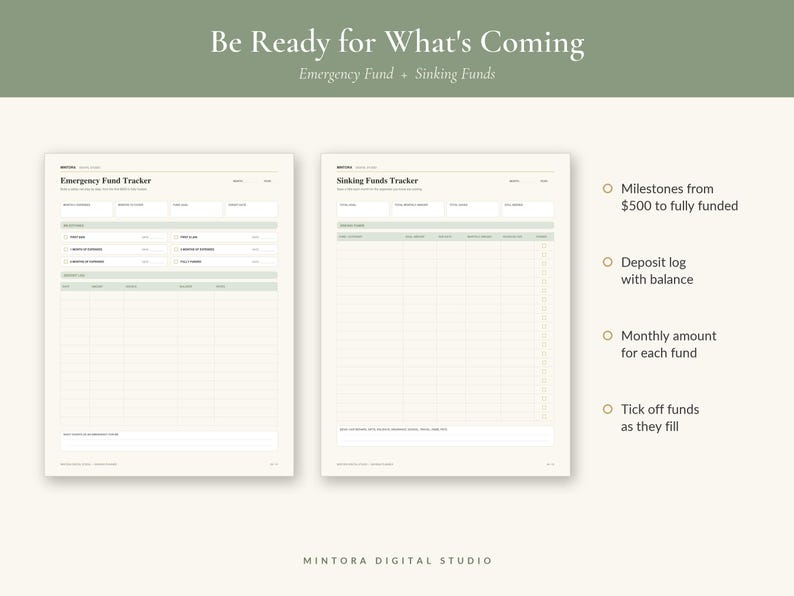 May include: Two financial planning sheets titled Emergency Fund Tracker and Sinking Funds Tracker. The pages feature tables for tracking savings goals, milestones from $500 to fully funded, deposit logs with balances, and monthly fund amounts.