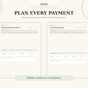 Puede incluir: Una plantilla digital de planificador de deudas con dos p&aacute;ginas tituladas Monthly Debt Payment Planner y Extra Payment Tracker. El dise&ntilde;o incluye tablas para registrar fechas, montajes y detalles de pago en tonos verde suave y crema.