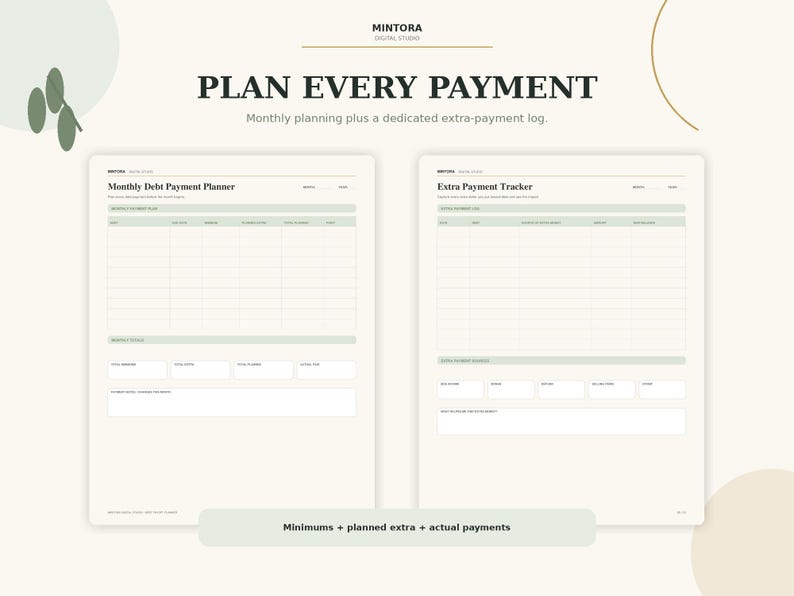 Puede incluir: Una plantilla digital de planificador de deudas con dos p&aacute;ginas tituladas Monthly Debt Payment Planner y Extra Payment Tracker. El dise&ntilde;o incluye tablas para registrar fechas, montajes y detalles de pago en tonos verde suave y crema.