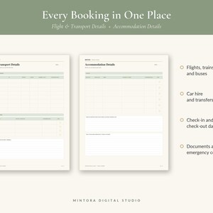 May include: A digital travel planner template featuring two pages titled Flight & Transport Details and Accommodation Details. The layout includes tables for tracking bookings, dates, and contact information, with a sage green and cream color scheme.