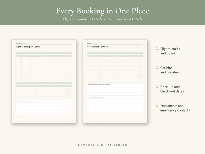 May include: A digital travel planner template featuring two pages titled Flight & Transport Details and Accommodation Details. The layout includes tables for tracking bookings, dates, and contact information, with a sage green and cream color scheme.