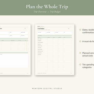 May include: Two printable planner pages titled Trip Overview and Trip Budget with sage green accents. The pages include fields for dates, bookings, confirmation numbers, a must-do list, and ten spending categories to track planned versus actual costs.