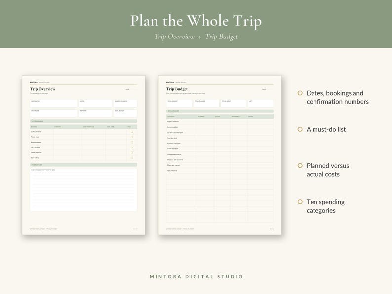 May include: Two printable planner pages titled Trip Overview and Trip Budget with sage green accents. The pages include fields for dates, bookings, confirmation numbers, a must-do list, and ten spending categories to track planned versus actual costs.